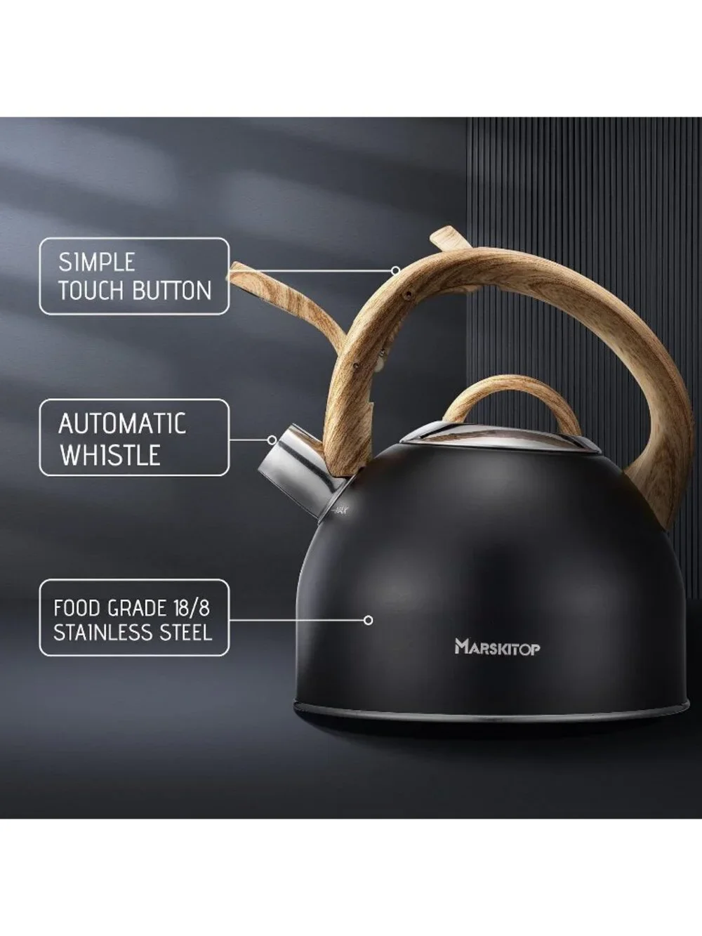 Matte Black Stainless Steel Whistling Tea Kettles 2.6QT Stovetop Cookware Pot
